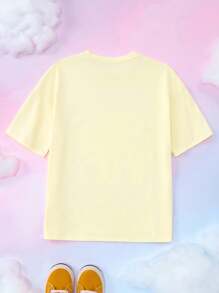 My Little Pony X SHEIN 青少年女孩休闲可爱卡通字母印花宽松短袖 T 恤，夏季 - 黃色 - 查看 2