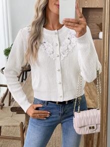 EMERY ROSE New Autumn/Winter Slim Fit Vintage Rejuvenating Gentle Elegant Versatile Lace Crochet Cardigan For Women Fall Back To School - White - View 7