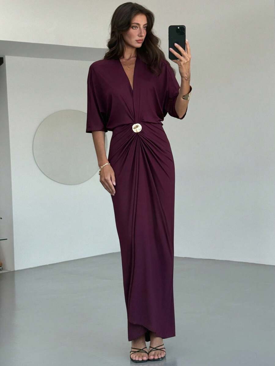 Aloruh 女式纯色重叠V领蝙蝠袖褶皱优雅连衣裙 - 紫色 - 查看 1