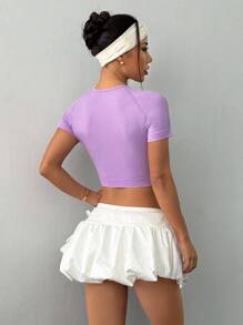 Easithlete 女士休闲纯色短袖运动T恤修身衬衫 - 紫色 - 查看 2
