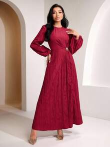 Veilorie Women's Round Neck Lantern Sleeve Waist Metal Flower Decor Elegant Dress - Burgundy - View 6