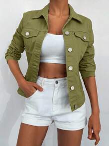 EURMUSE Flap Detail Button Front Denim Jacket - Olive Green - View 6
