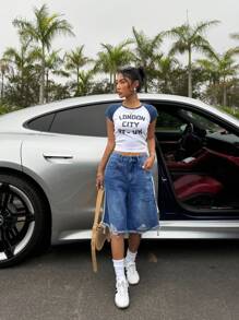 SHEIN ICON 女式侧条纹口袋做旧磨边宽松牛仔短裤