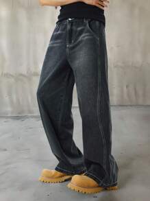 SHEIN Explorewe 青少年男孩街头时尚破洞拼接黑色豹纹侧拼接宽松阔腿松紧腰带牛仔裤 - 黑色 - 查看 6