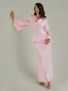 Modelyn 女士优雅竹节腰带两件套，时尚设计，适合春、夏、秋季 - 粉色 - 查看 1