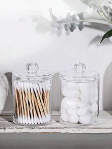 3pcs Qtip Dispenser Holder, 10oz Transparent Plastic Jar Set For Bathroom Storage & Organizing, Vanity Makeup Organizer Box Home Bathroom Decor Bathroom Organizer Summer Makeup Organizer - White - View 9