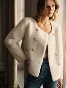 MOTF PREMIUM 双排扣长袖仿皮草大衣 - 米色 - 查看 9