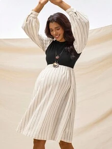 Boho Mama 孕妇装拼接纯色长袖连衣裙 - 黑色 - 查看 4
