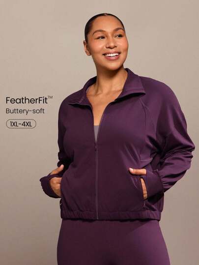 GLOWMODE FeatherFit™ جاكيت رياضي بأكمام طويلة للاستخدام اليومي والكاجوال، مع سحاب في الياقة، ثقوب للإبهام، جيوب مخفية، سريع الجفاف ومانع للعرق، مقاس كبير