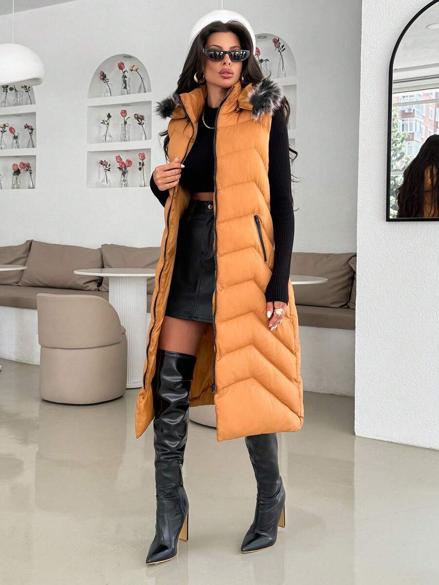 EURMUSE Women Long Fake Fur Hooded Padded Vest, Winter Coats - Mustard Yellow - View 1
