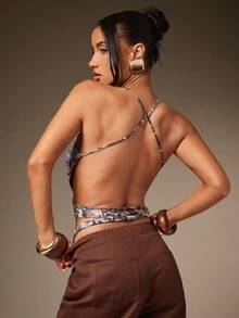 Hauture 女士性感蓝棕色印花迷彩超长腰带石链装饰外出上衣 - 彩色 - 查看 2