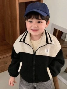 DAZY Baby Boy Letter & Lamb Wool Patchwork Contrast Color Long Sleeve Jacket Thermal Lined,Winter