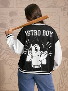 Astro Boy X SHEIN Plus Size Casual Everyday Contrast Color Cartoon Graphic Jacket Winter Fall Autumn - Black and White - View 4