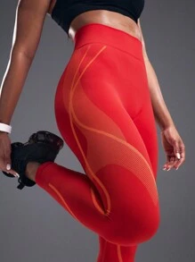 Powerista 撞色拼接高腰无缝紧身裤女士瑜伽裤 - 橘色 - 查看 6