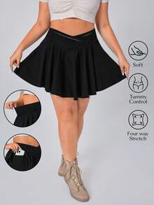 Flexra Plus Size Casual Solid Color Skirt, Summer - Black - View 1