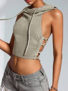 Flirla Casual Fashion Backless Tie-Up Hooded Sleeveless Plus Size Denim Jacket - Army Green - View 8