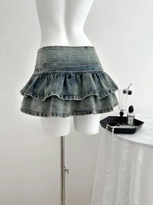 Elamini 女士时尚荷叶边牛仔迷你裙，夏季