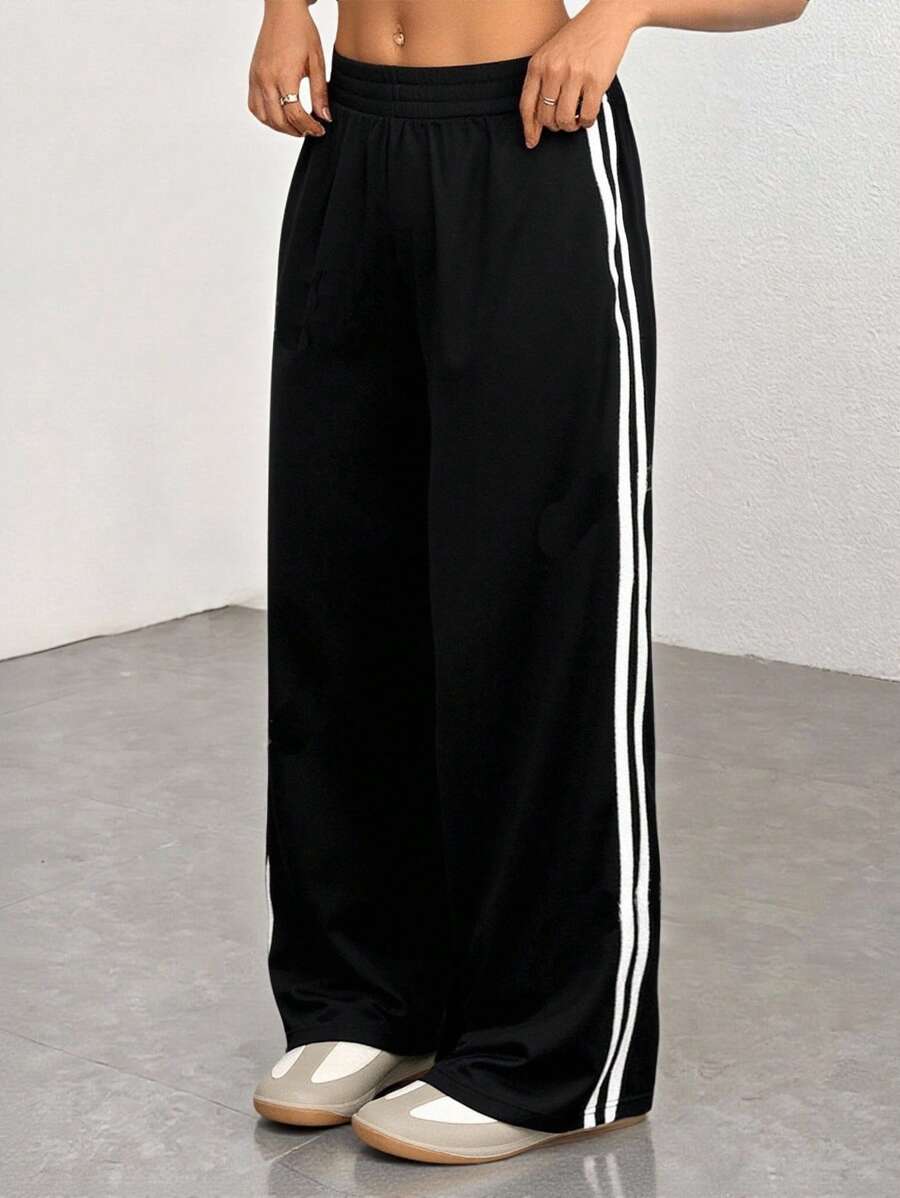 SHEIN PETITE Casual Black Side Striped Trousers Simple Fashion Daily Casual Loose Pants