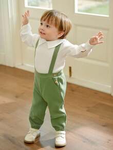 Souflis Souflis 2 件套男婴休闲白色长袖上衣和浅绿色无袖连体裤，秋冬 - 彩色 - 查看 3