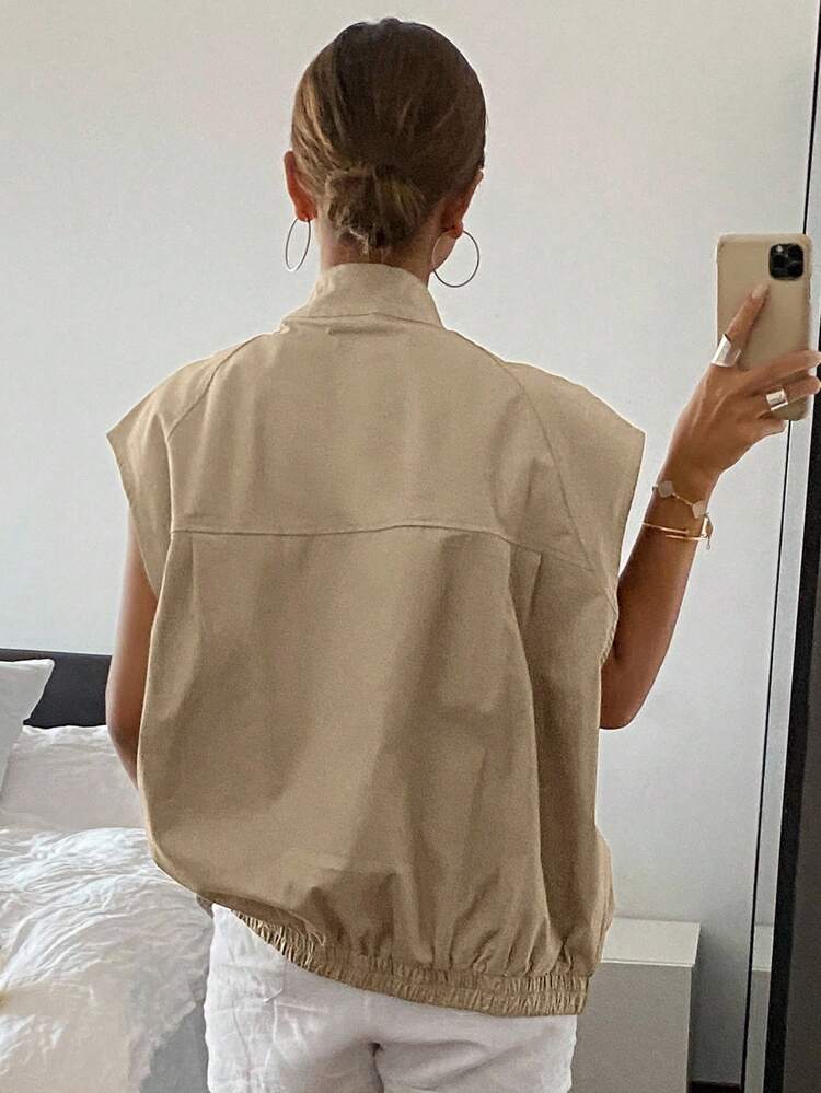 Women Solid Color Zipper Loose Pocket Jacket Summer Vest