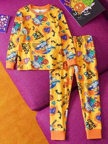 Nick 90s | SHEIN Young Boy Cartoon Graphic Halloween Round Neck Long Sleeve & Long Pants Comfortable Skin-Friendly 2pcs Pajama Set - Multicolor - View 3