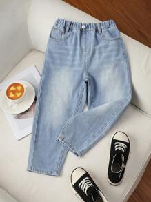 SHEIN Jeans azules holgados y acampanados para niña