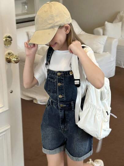 Hapijoa Pantalones peto vaqueros minimalistas de unicolor para niñas preadolescentes