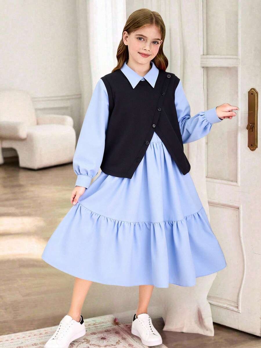 Tween-Mädchen Einfarbiges Set aus langärmligem Kleid mit Rüschensaum und einreihiger Weste - Blau - Übersicht 1