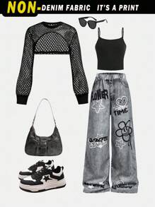 SHEIN Girlism Tween Girl, pantaloni largi cu efect de denim în stil stradal, top crop subțire, cu mânecă lungă, top cu glugă, ținută din 3 piese, modă