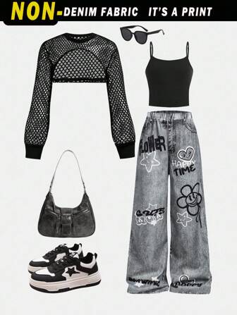 SHEIN Girlism 青少年女孩宽松街头风格牛仔效果裤、紧身吊带短款上衣、长袖连帽网眼上衣三件套服装，时尚