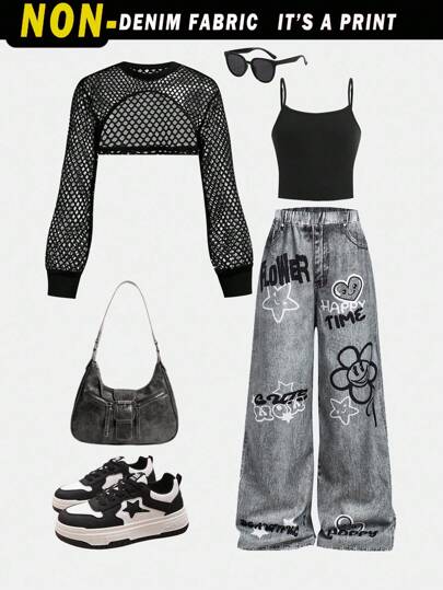SHEIN Girlism 青少年女孩宽松街头风格牛仔效果裤、紧身吊带短款上衣、长袖连帽网眼上衣三件套服装，时尚