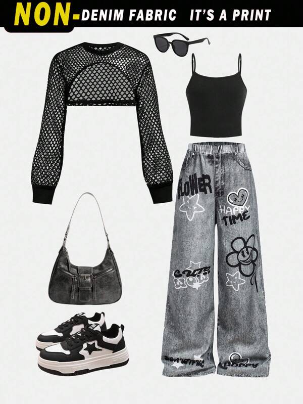 SHEIN Girlism Conjunto de 3 piezas de moda para niña preadolescente: pantalón de efecto de mezclilla de estilo callejero suelto, top corto de camiseta ajustada y top de malla con capucha de manga larga