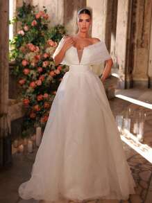 Glamrae Váy maxi chữ A dáng chữ A cỡ lớn, cổ chữ V, màu trắng tối giản, trang trí nơ trễ vai ấn tượng, đính đá Rhinestone, có dây buộc có thể điều chỉnh, thích hợp mặc đi biển, đám cưới trên bãi cỏ, nhà thờ, chụp ảnh, tốt nghiệp, váy cưới - trắng - Xem 2