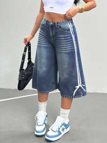 SHEIN Blugi din denim cu tiv asimetric, lungime 3/4, stil retro Y2K, stil anii '90, stil retro Y2K, cu talie joasă, cu dungi laterale și fundă, croială largă, stil vintage casual, șapte sferturi, pantaloni largi cu picior drept, pantaloni casual versatili de vară, ținute tinere și la modă, ținute pentru fete de toamnă și iarnă pentru întoarcerea la școală. - Spălare medie - Vizualizare 3