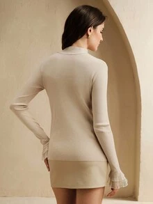 Anewsta 女士休闲纯色立领超大蝴蝶结毛衣 - 杏色 - 查看 2