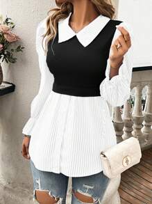 EMERY ROSE Áo sơ mi dài tay họa tiết sọc cho nữ - Đen và trắng - Xem 4