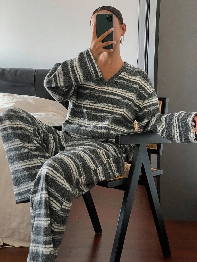 Women's Striped Casual Long Sleeve Top And Pants 2 Pieces Set Fall
