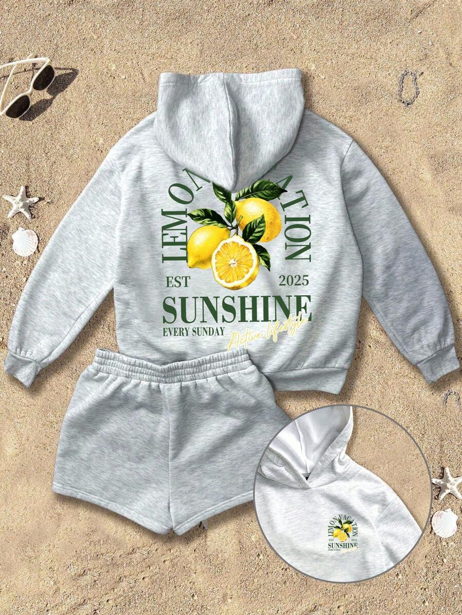 SHEIN Attitoon Bộ 2 áo nỉ lửng in họa tiết quả chanh đơn giản và áo nỉ có mũ trùm đầu, phù hợp cho mùa thu/đông, kỳ nghỉ - Xám - Xem 1