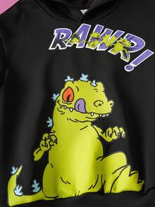 Nick 90s | SHEIN Young Boy Casual Street Cartoon Dinosaur & Letter Print Dropped Shoulder Loose 3D Detail Sweatshirt, Spring/Autumn - Black - View 3