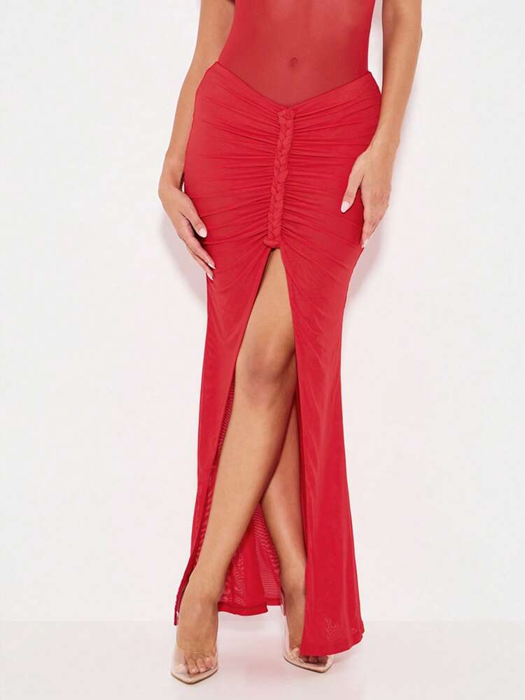 KIZN Ruched Maxi Skirt With Braided Front Detail