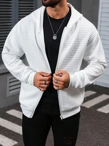 Manfinity Homme 男士运动衫 运动衫，成熟街头风格纹理面料 白色拉链连帽衫 男士白色绗缝夹克 白色连帽夹克 男士纹理拉链夹克 男士白色休闲夹克 - 白色 - 查看 4