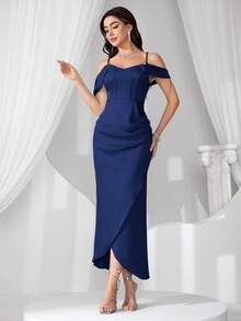 Coutiva Váy phù dâu trễ vai màu trơn thanh lịch - Màu xanh hải quân - Xem 3