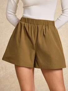 House of One Elasticated Waist Woven Windbreak Slant Pockets Women Shorts Old Money Office Casual Fall Women Clothes Fall Outfits Business Professional Women Business Casual Woman