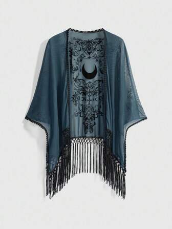 Goth Plus Size Women Romantic Gothic Vintage Baroque Moon Floral Flocked Texture Asymmetrical Fringe Hem Cardigan Blouse Shawl, Blue-Green Color, Suitable For Spring/Summer Holiday