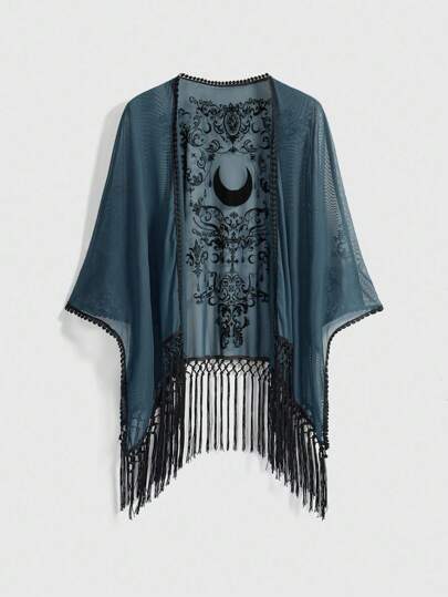 Plus Size Women Romantic Gothic Vintage Baroque Moon Floral Flocked Texture Asymmetrical Fringe Hem Blouse Shawl, Blue-Green Color, Suitable For Spring/Summer Holiday, Halloween