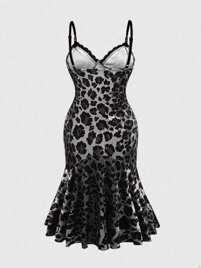 Grunge Punk Vintage Y2K Leopard Print Color Block Pleated Cocktail Dress, Plus Size Women Party Dress