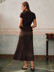 Anewsta Women's Elegant Coffee Color Dress With Tweed & Satin Patchwork, Fishtail Hem, Summer New Arrival - Coffee - View 8