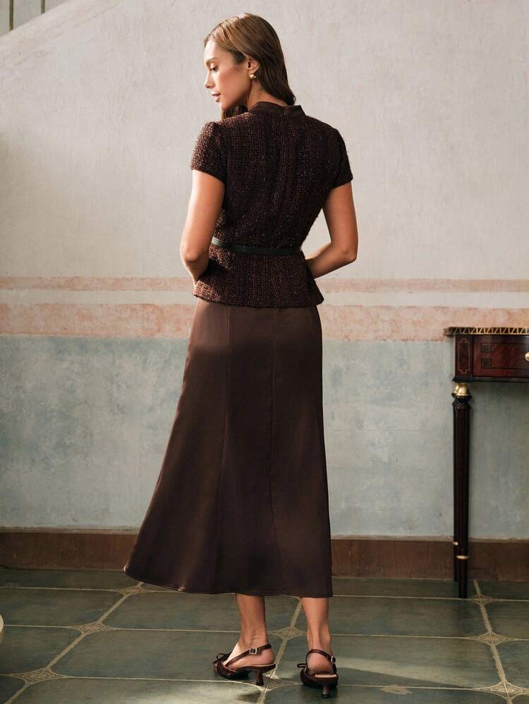 Women's Elegant Coffee Color Dress With Tweed & Satin Patchwork, Fishtail Hem, Summer New Arrival