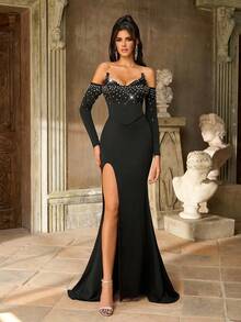 Aureia فستان سهرة أنيق بتصميم عتيق ذو طبقتين على شكل رقبة القطة، يعزز الصدر، أكمام طويلة، سحاب خلفي، وذيل مشقوق، مناسب للحفلات الراقية والمناسبات الرسمية كالحفلات والأعراس والمناسبات التجارية - الأسود - مشاهدة 4