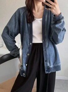 FRIFUL 女士休闲宽松水洗超大牛仔夹克牛仔美学衣服 - 藍色 - 查看 3